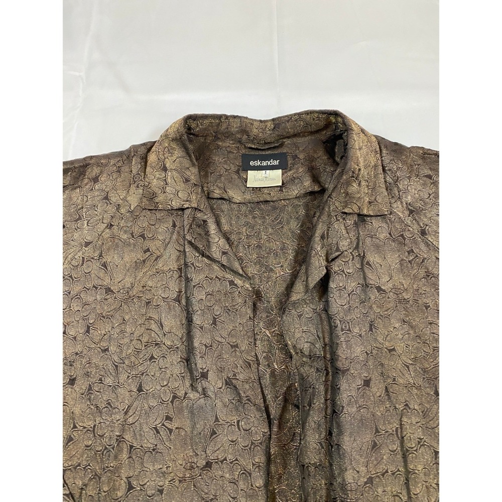 VTG Eskandar Brocade Silk Kimono Jacket Womens 1 Brown Metallic Floral - Picture 2 of 11
